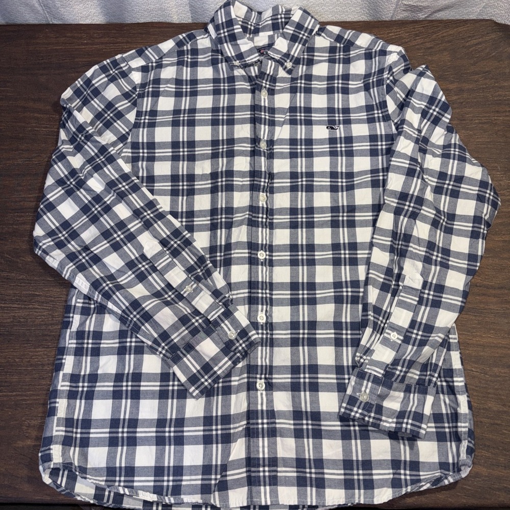 Vineyard Vines Men's Medium Classic Fit Whale Shirt Blue White Plaid Cotton
